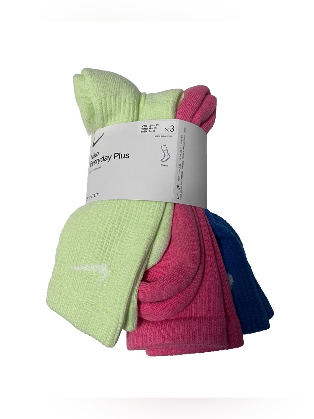 Nike Everyday Plus 3-Pack Crew Socks - Neon Green, Pink & Blue